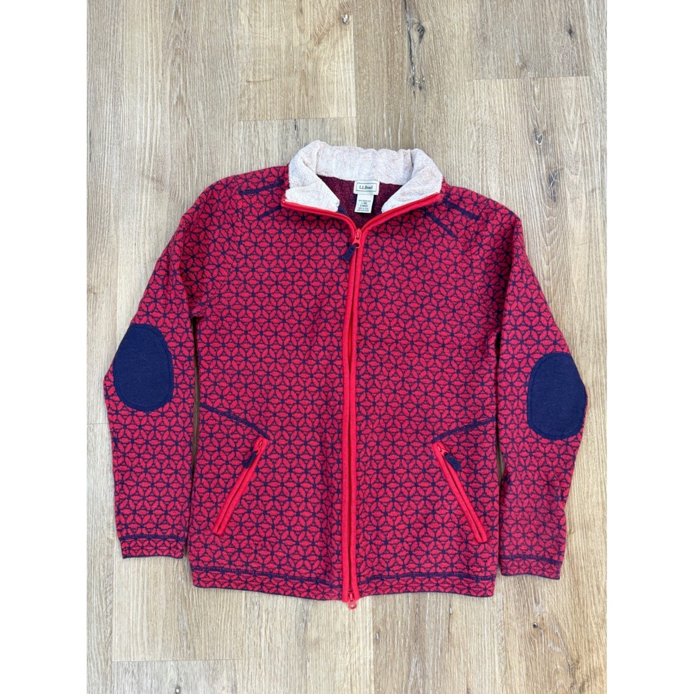 L.L. Bean Gorpcore Merino Wool Zip Sweater Women L Red Geometric Elbow Patch